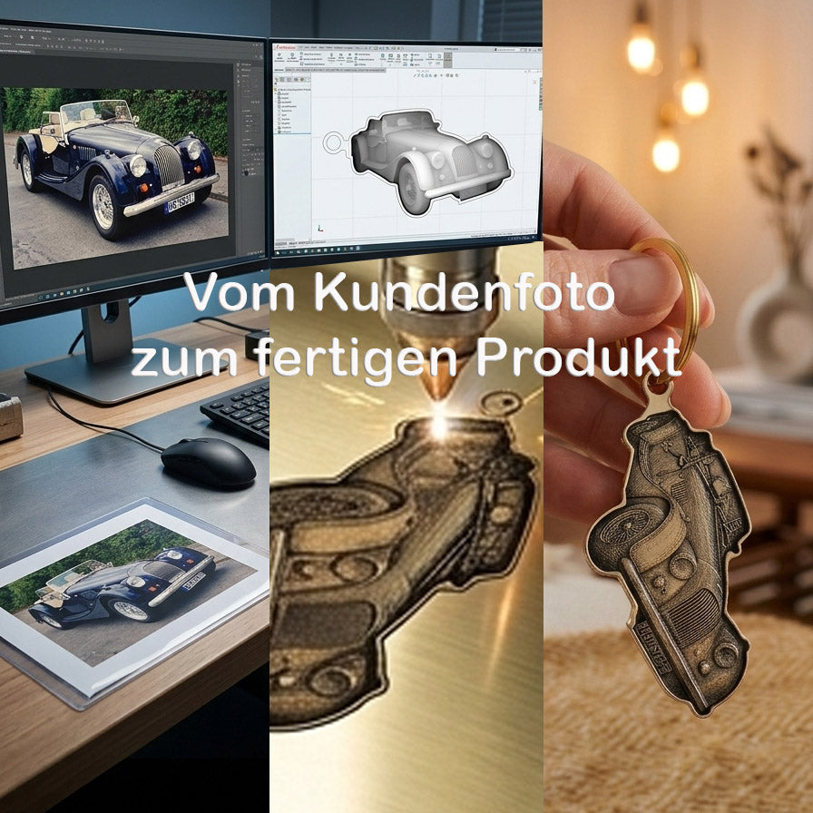 Individueller Schlüsselanhänger nach Kundenfoto | Dein eigenes Auto oder Motorrad als Anhänger | Personalisiertes Autogeschenk mit Gravur | aus hochwertigem Messing